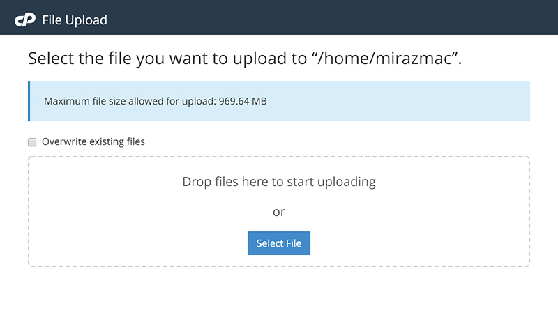 Uploading files via the cPanel file manager.