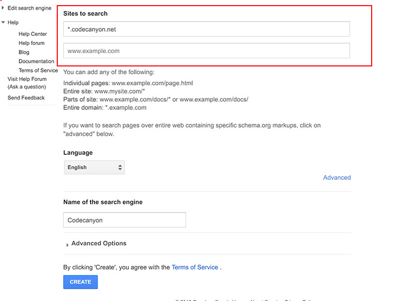 Creating a new Google Custom Search Engine