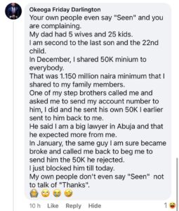 Abuja-based lawyer from polygamous home reveals how his step brother reacted when he sent everyone money for the holidays