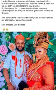 “I married an enemy in disguise of a wife” – Nigerian man announces end of his marriage two months after traditional wedding